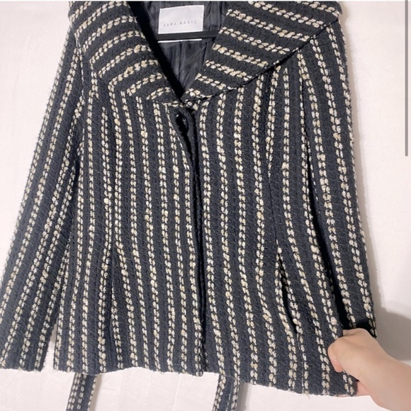 Zara Basic Black Cream Striped Textured Knit Bubble Collar Belted Jacket M - Picture 3 of 16